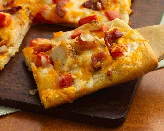 chicken-n-bacon-ranch-pizza1 I considered pretending that this was our pizza, but it actually came from Pillsbury. We cut our chicken and bacon into smaller pieces so that it would be easier for Grace to eat.